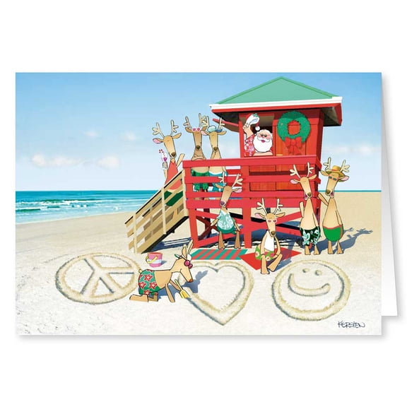 Beach Santa - Peace, Love, Happiness - Funny Holiday Christmas Cards - 18 Cards and 19 Envelopes