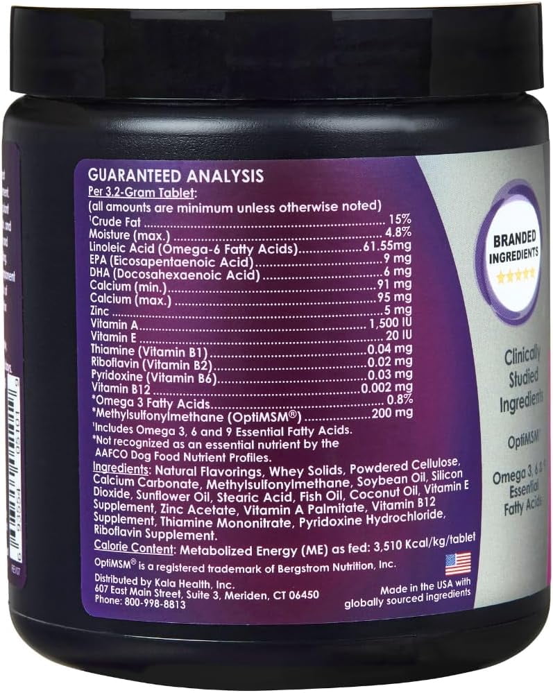 Kala Health PeakTails Skin & Coat Support for Dogs – 90 Chewable Tablets with MSM, Fish Oil, Omega-3 & Omega-6 – Supports Healthy Skin, Shiny Coat