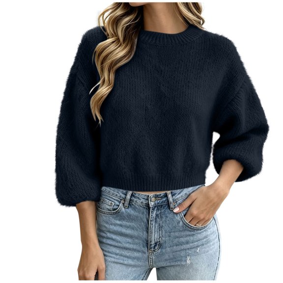 Edvintorg Pullover Sweaters for Women Crew Neck Casual Knit Sweater Long Sleeve Loose Top Womens Fashion Navy XXL
