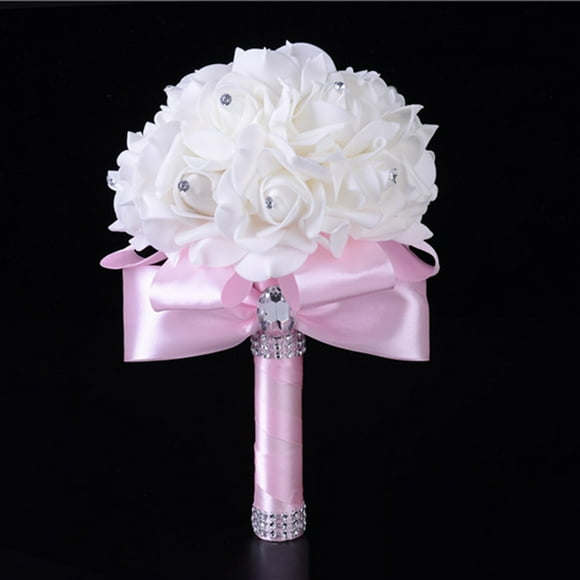 Kiplyki Wholesale Crystal Roses Bridesmaid Wedding Bouquet Bridal Artificial Silk Flowers Pink