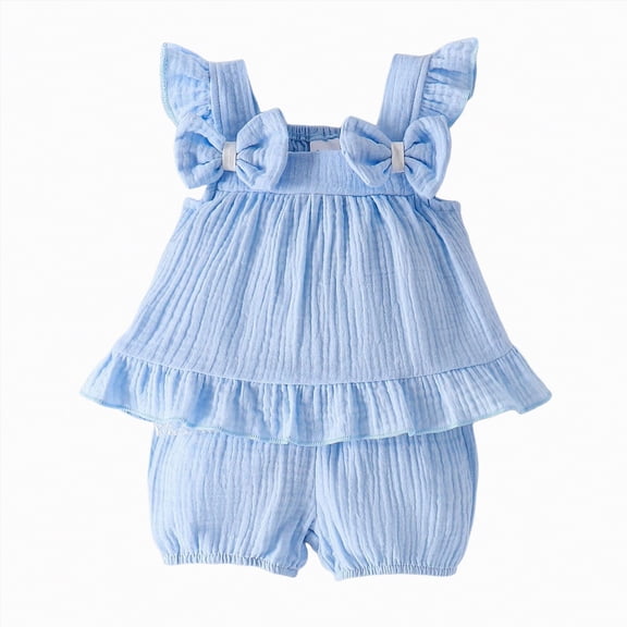 Xyant Toddler Baby Girl Clothes Knit Floral Fly Sleeve Tops Shorts Cute Summer Spring Outfits Infant Baby Girl Clothing Set (Blue,18-24 Months)