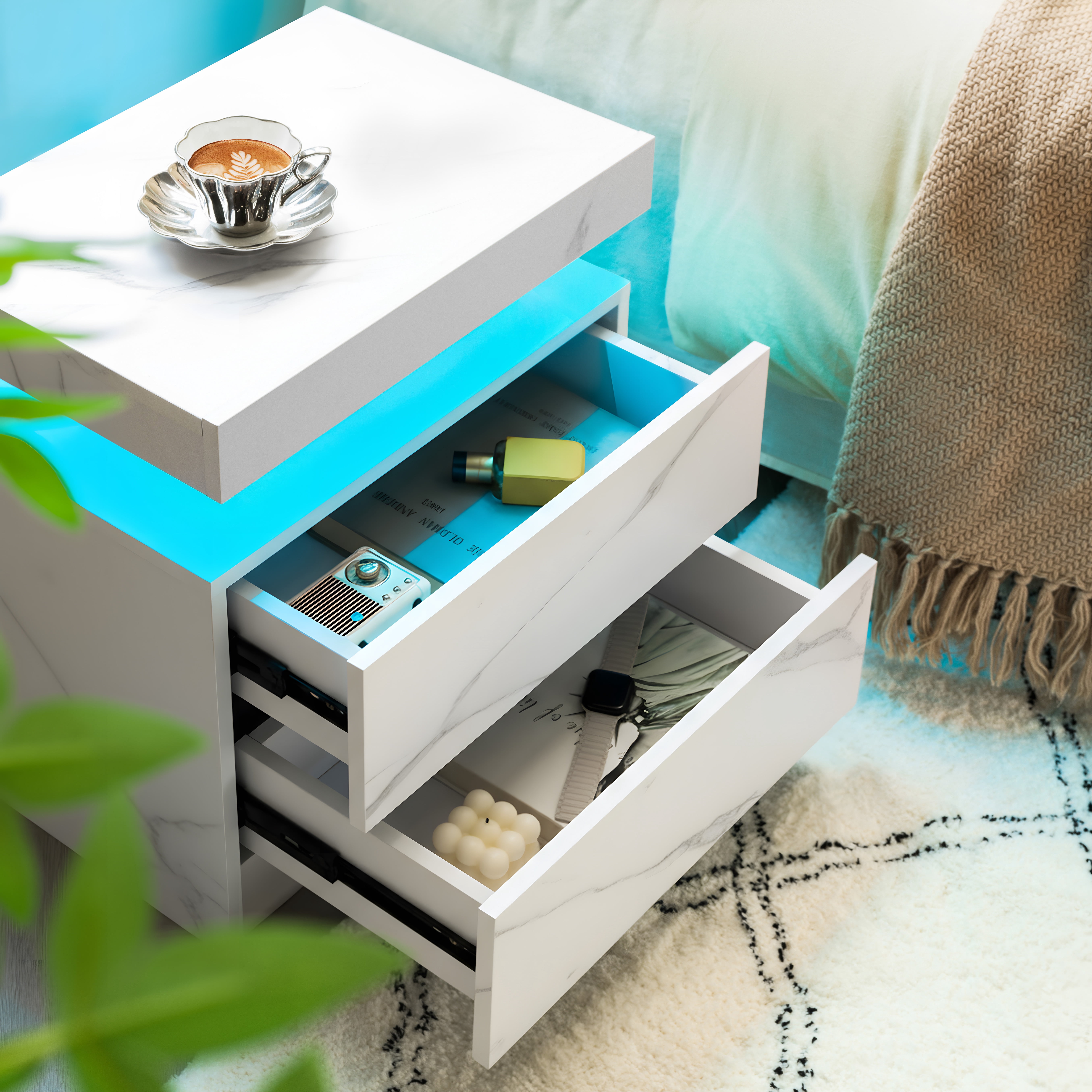 Leumius 2 Drawer Modern Nightstand with LED Light Small Bedside Tables End Side for Bedroom,Matte White