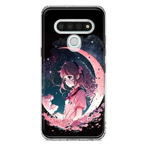 MUNDAZE LG Stylo 6 Shockproof Clear Hybrid Protective Phone Case Kawaii Manga Pink Cherry Blossom Moon Dreaming Girl Cover