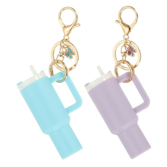 Uxcell Mini Cup Keychain, 2Pcs Mini Tumbler Keychain Lip Balm Holder Cute Cup Charm for Women Handbags Backpack, Blue, Light Purple Butterfly