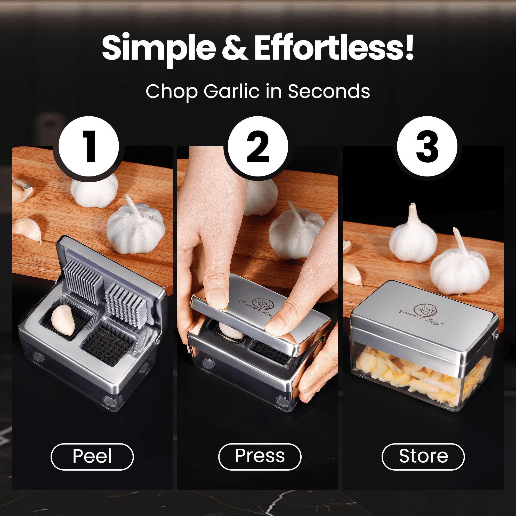 Gourmet Easy -Garlic Press Stainless Steel, Garlic Chopper Mini & Slicer Super Thin 2 in 1, Odor Free Ginger Dicer With Storage Container, Dishwasher Safe Mini Chopper, Premium Mincer with 5 year war
