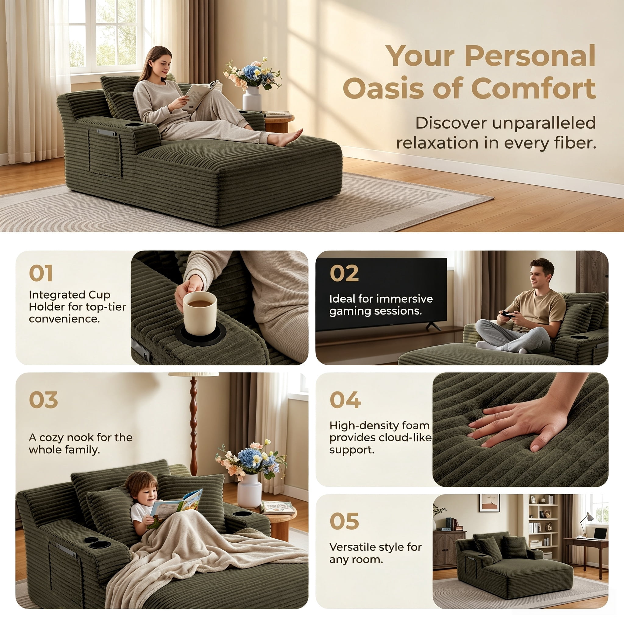 ShiKeyi 66'' Chaise Lounge Chair Indoor, Boneless Sofa Cloud, Plush Corduroy Chaise Couch with Cup Holders, Side Storage Pocket & Pillows, No Assembly Required, Brown
