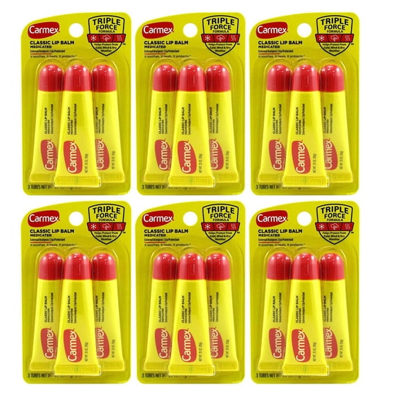 Carmex Lip Balm Tube Classic Medicated 0.35 Ounce 3 Count (10.3Ml) (Pack Of 6)