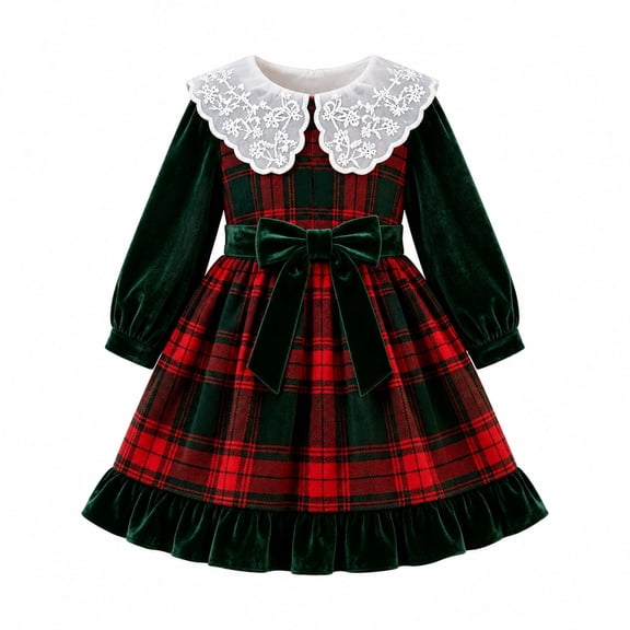 Lullu Toddler Girls Christmas Long Sleeve Dress Xmas Holiday Party Plaid Princess Dress