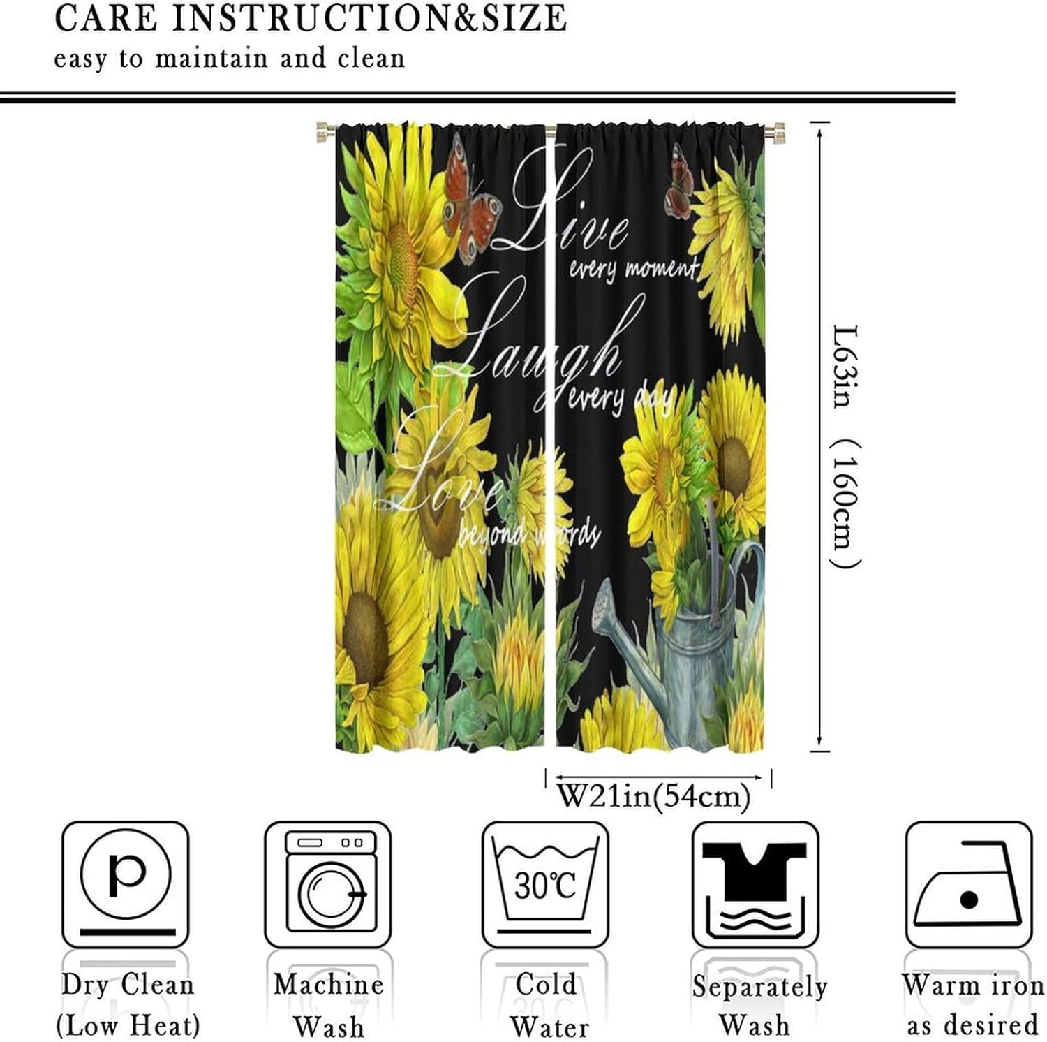 Sunflower Blackout Curtains Farmhouse Rustic Sunflower Butterfly Green Yellow Black Girls Women Bedroom Living Room Rod Pocket Decoration Window Drapes 2 Panels W21xL63in