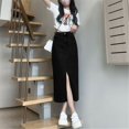 thumbnail image 6 of Yokua Womens Button Zippered Jeans Skirt High Waist Split Front A Line Long Skirts, 6 of 18