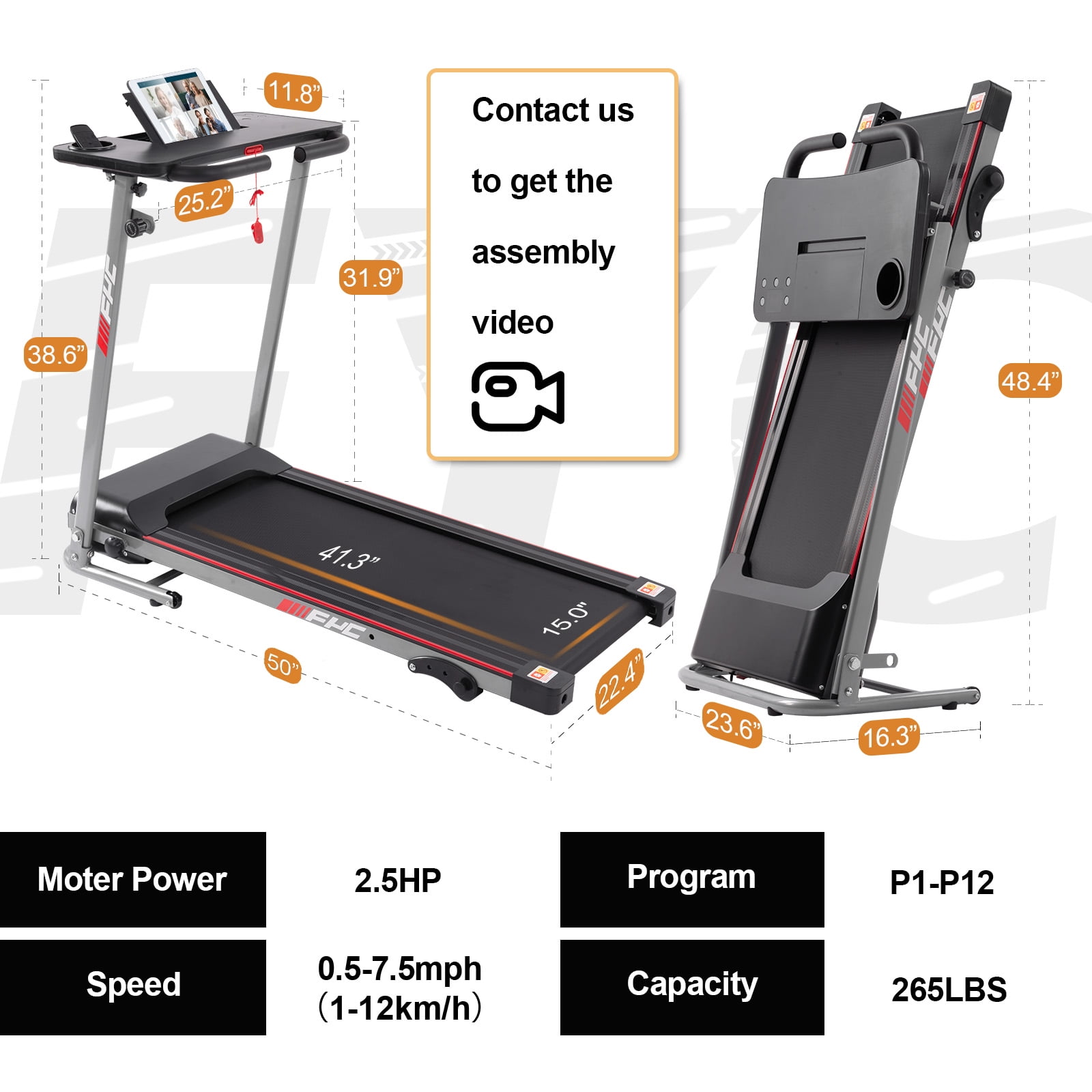 FYC 2.5HP Folding Treadmills for Home with Bluetooth & Incline, Portable Running Machine Electric Compact Treadmills Foldable for Exercise Home Gym Fitness Walking Jogging