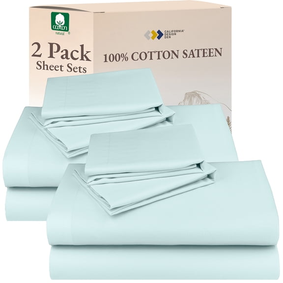 California Design Den Pack of 2 Queen Sheet Set - 100% Cotton Sateen Sheets, Soft & Breathable - Seafoam