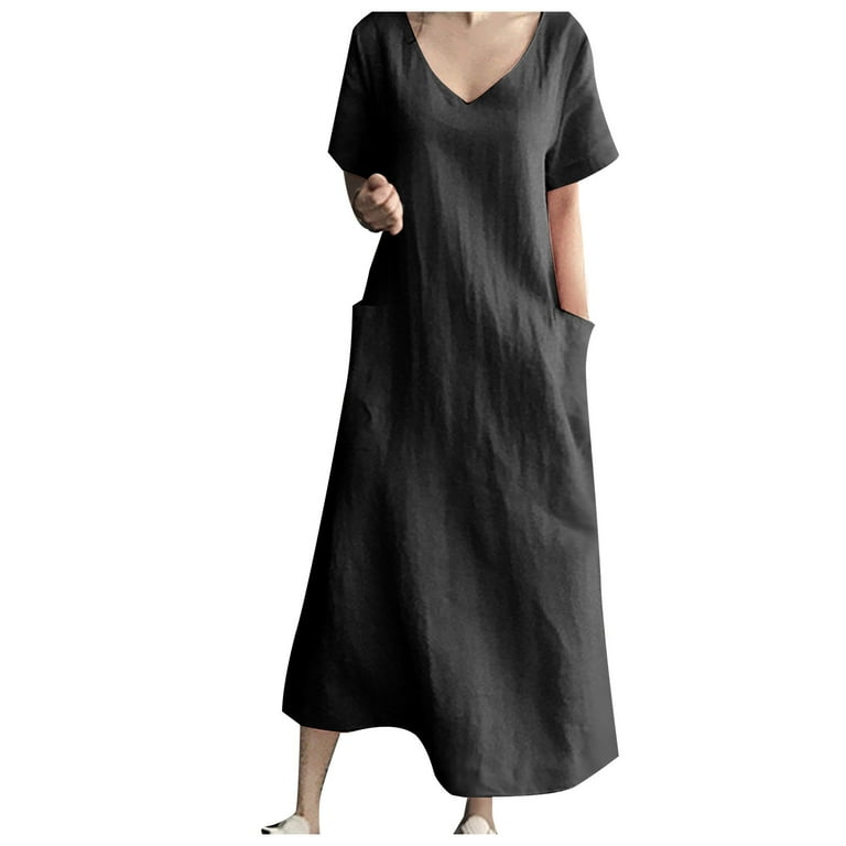 qolati Women's Casual Cotton Linen Dresses Summer 3/4 Sleeve V Neck Loose  Dress Lightweight Pleated Swing Boho Beach Dress with Pockets