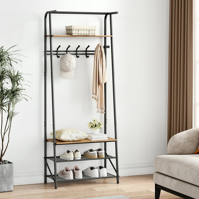 4-in-1 Entryway Hall Tree with Shoe Storage Bench, 5 Hooks, Sturdy Metal Frame, Freestanding Coat Rack Organizer, Rustic Wood Accent for Living Room or Bedroom - Single Row Hook 60cm Wide
