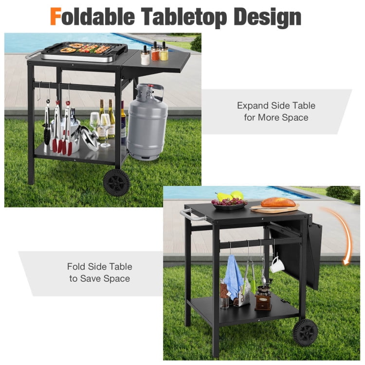 Resenkos Outdoor Patio Barbecue Cooker, Outdoor Grills,Movable Outdoor Grill Cart with Folding Tabletop and Hooks-Black