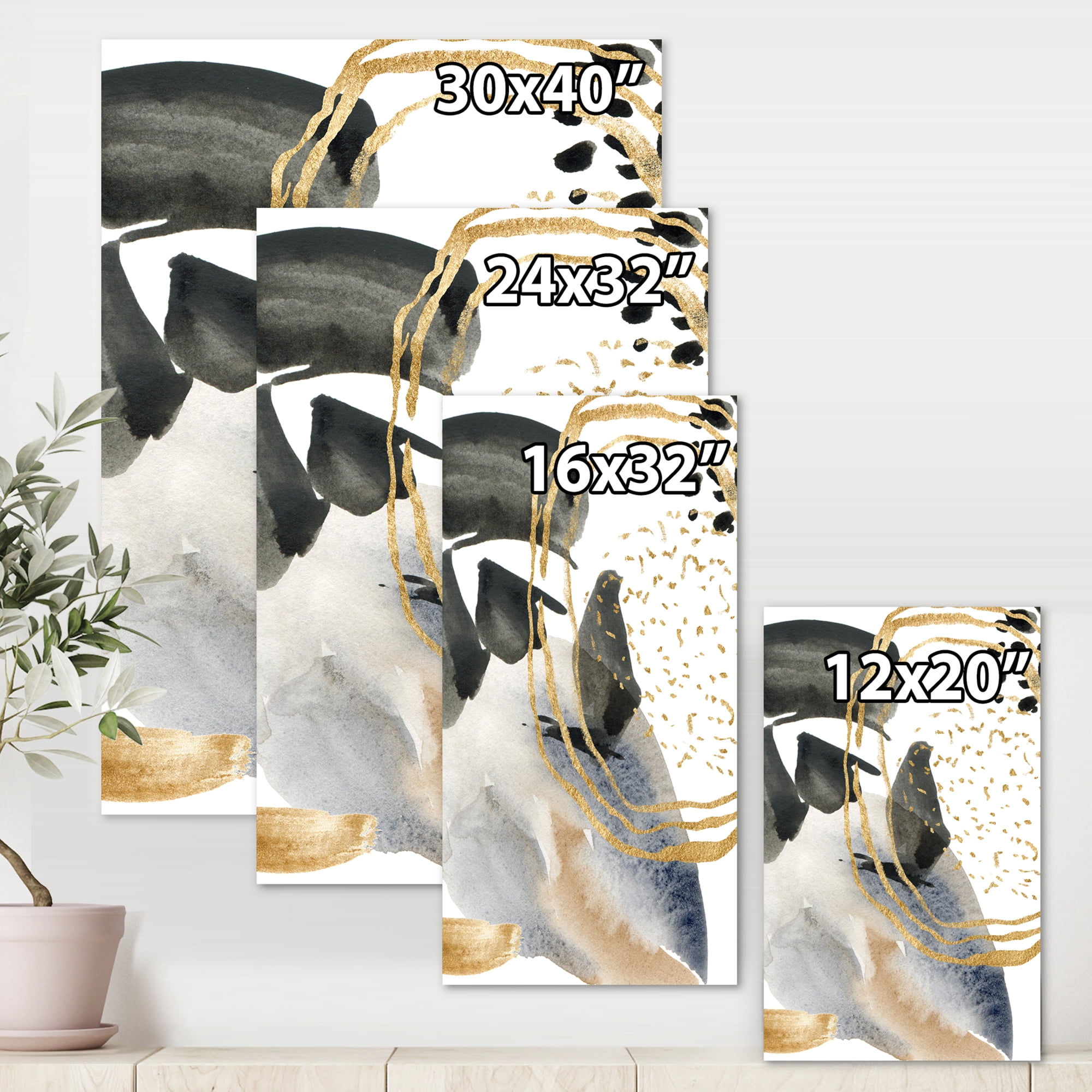 Pastel Abstract With Black Blue Beige and Gold Spots 12 in x 8 in Painting Canvas Art Print, by Designart
