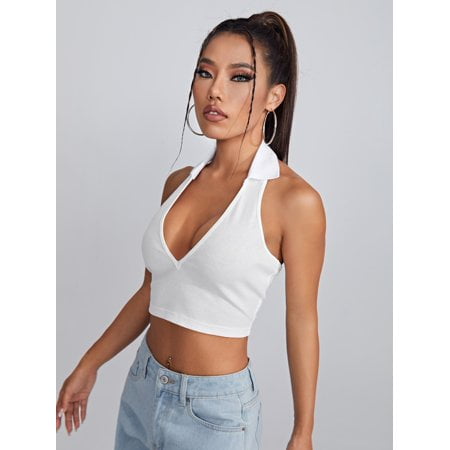 VEDAXIN White Women s Open Back Crop Halter Top Deep V Neck Solid
