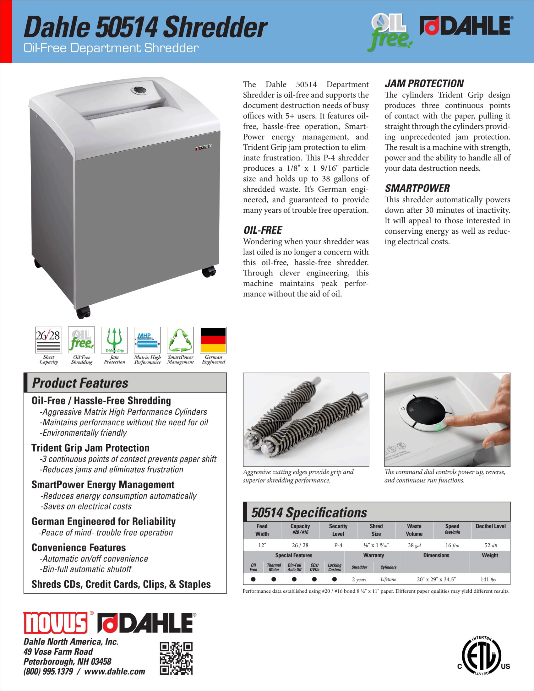 Dahle 50514 Oil-Free Paper Shredder w/Jam Protection, German Engineered, 26 Sheet Max, Level P-4 | O-3