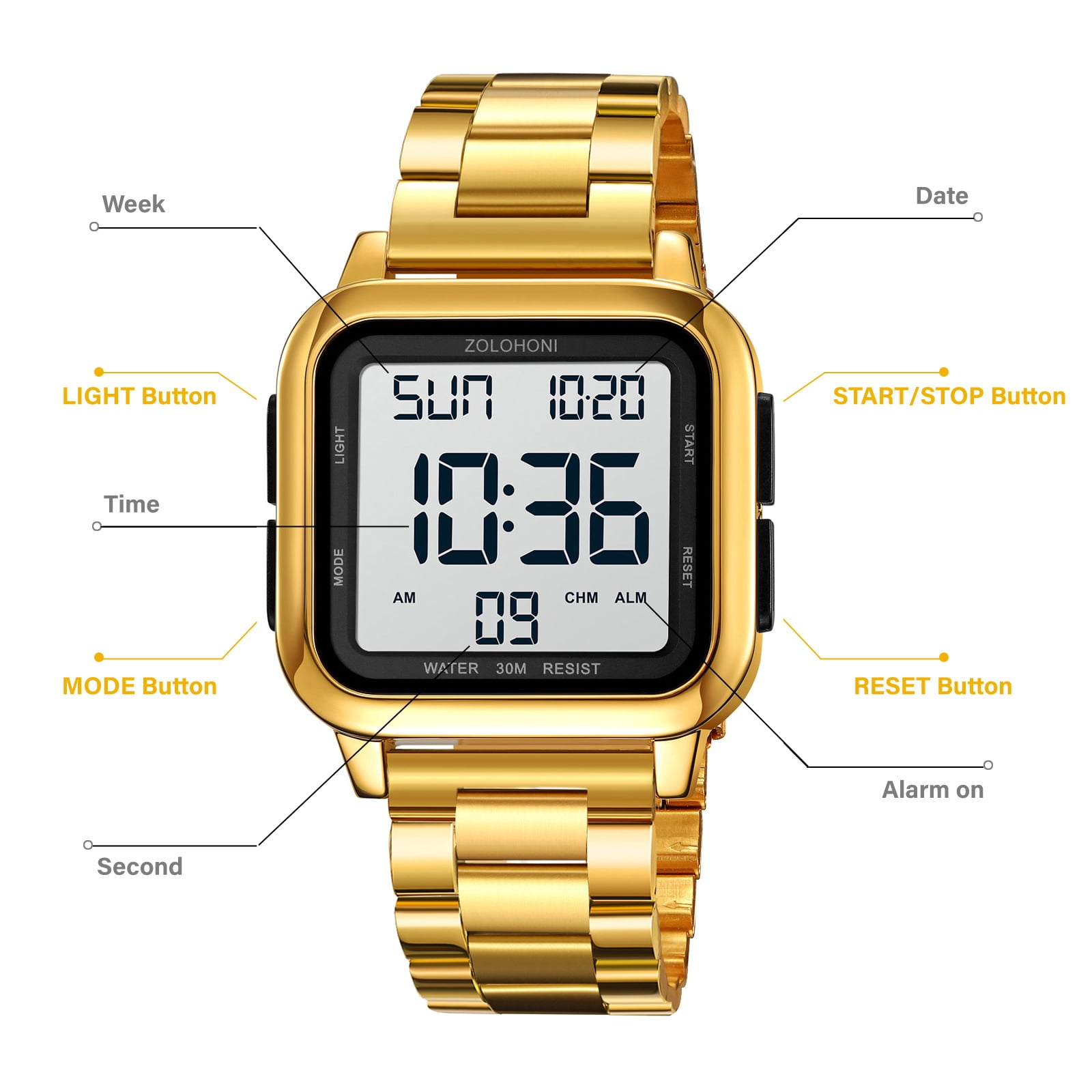 ZOLOHONI Digital Watches for Men Gold Stainalee Steel Waterproof Electric Watch Mens Sports Watches