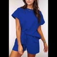 thumbnail image 4 of Conjunto de Pijama de 2 Piezas para Mujer, Color Liso, Cuello Redondo, Informal, de Tela Texturizada, Corta, Azul, L, 4 of 7