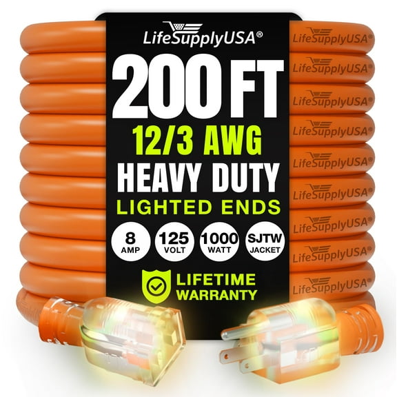 200ft Outdoor/Indoor Extension Cord 12/3 Gauge Extra Heavy Duty 3 Prong SJTW, Waterproof, Flexible Cold-Resistant Long Power Cord,125 Amp 1000W, Orange by LifeSupplyUSA