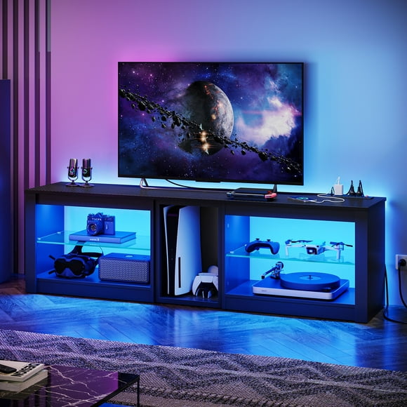 Bestier Modern TV Stand for 70" TV with Power Outlets Entertainment Center with LED Strip, Carbon Fiber