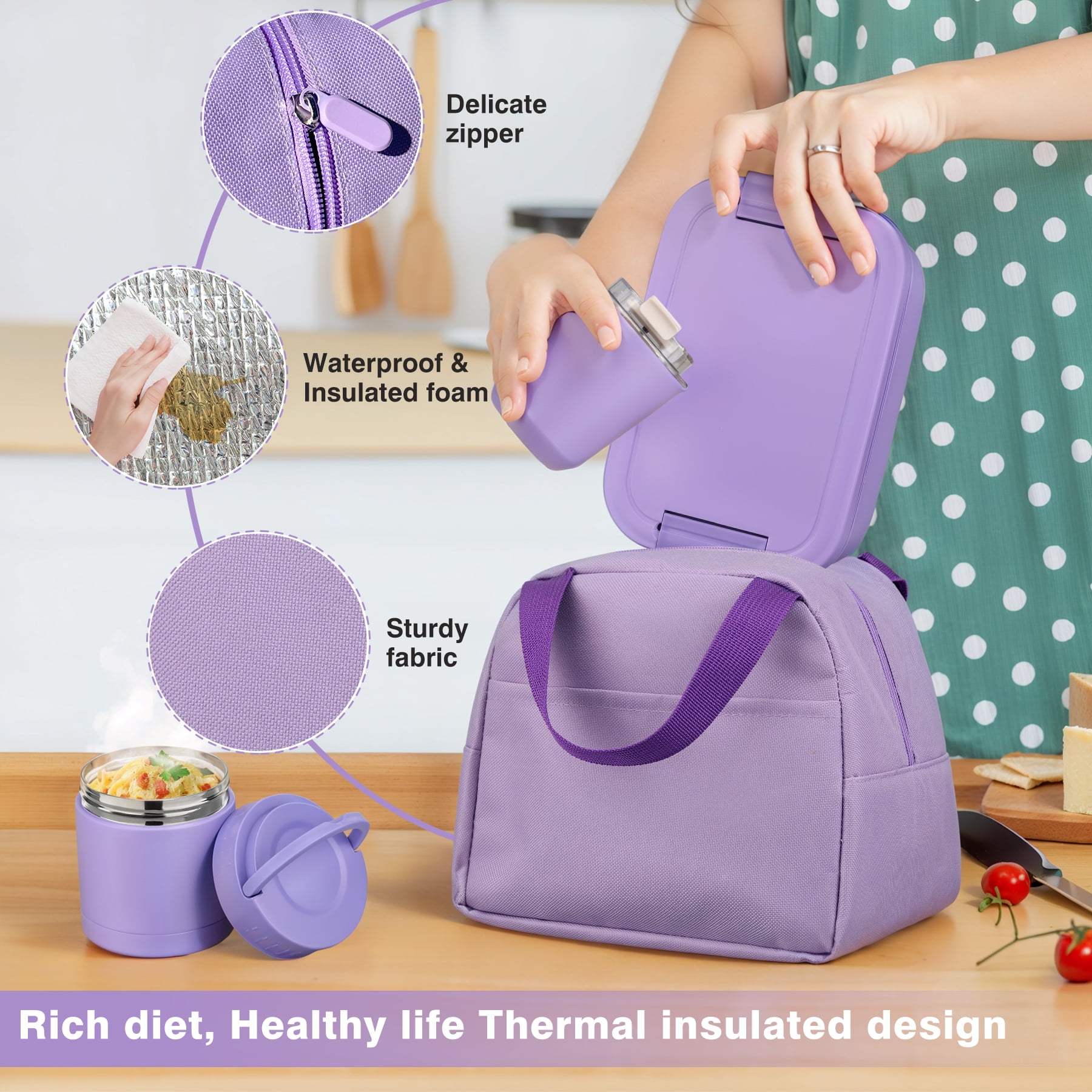 Bento Lunch Box Set with 10.5oz Soup Thermo for Adults Kids, Leak-proof Food Jar Lunch Container with 4 Compartment, Stainless Steel Coffee Tumbler with Lunch Bag for School Travel Office Purple