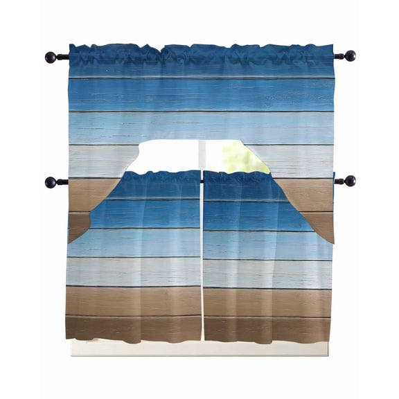 Blue Brown Kitchen Curtains Sets 36 Inch Length with Valance, Vintage Farmhouse Gradient Wooden Grain Swag Valances and Tiers Curtain Set Drapes Swag Curtains for Living Room, Bathroom, Bedroom, Cafe