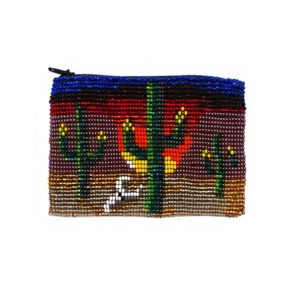 Saguaro Cactus Southwest Sunset Czech Glass Seed Beaded Coin Purse Zipper Pouch - Womens Fashion Handmade Bags Boho Travel Accessories