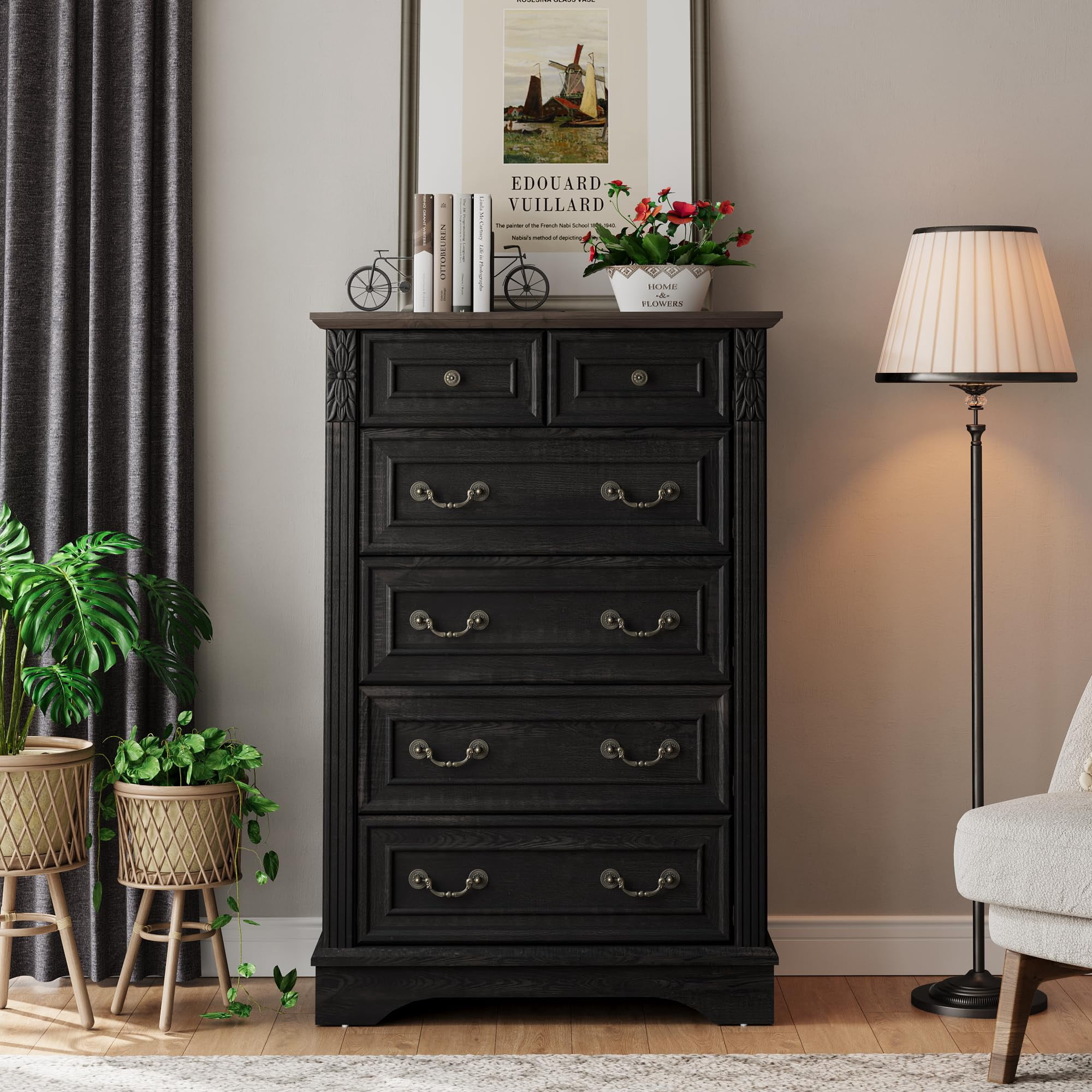 BOSHIRO 6-Drawer Carved Dresser for Bedroom, Tall Farmhouse Storage Chest with Antique Brass Handles, Black Finish