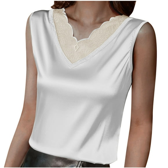 Amzcrzy Womens Tank Tops M-5XL Trendy Lace Satin Camisole Tops Casual Solid Color V Neck Sleeveless Shirts Summer Comfort Oversized Tank Top for Women