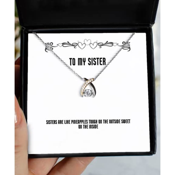 amangny New Sister Gifts, Sisters are Like Pineapples Tough On The, Inspirational Christmas Wishbone Dancing Necklace Gifts for Little Sister
