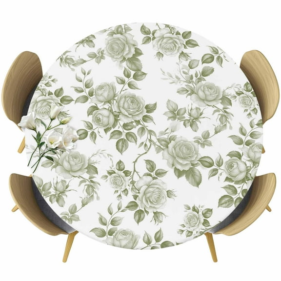 Sage Green Flower Fitted Tablecloth with Elastic Edged, Round Table Cloth for Dining Table, Vintage Country Rose Leaf Floral Waterproof Oil Proof Table Cover for Indoor Outdoor 36"-44"