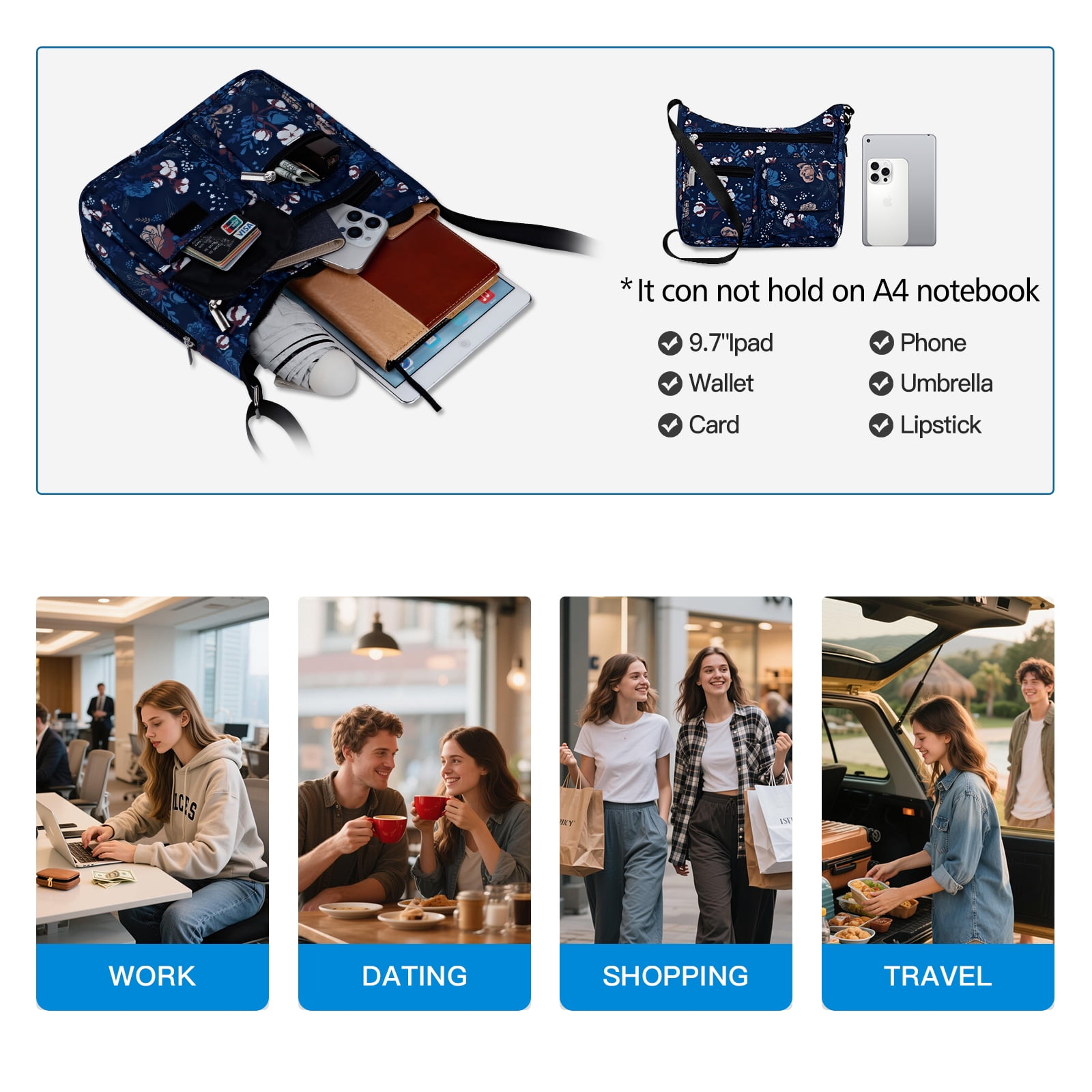 URSOFINE Women's Crossbody Bag Lightweight Ladies Travel Shoulder Messenger Bag with Adjustable Strap & Multiple Pockets Soft Across Bag Purse for Everyday Use (15+)