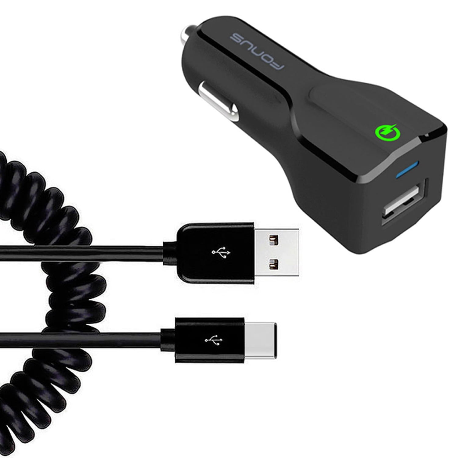 18W Fast Car Charger for Samsung Galaxy S24 FE - USB Port Coiled Cable Type-C Quick Charge DC Socket for Galaxy S24 FE