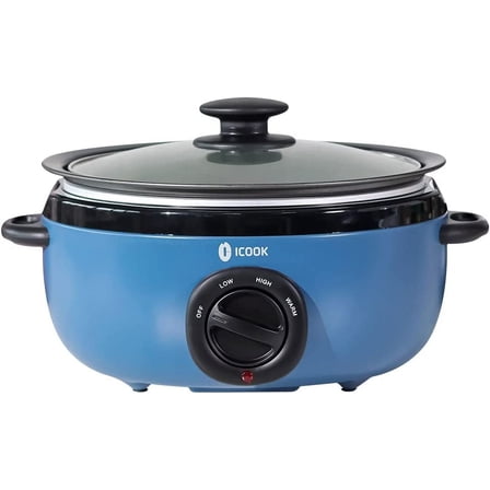 YANGLI 6.5-Quart Slow Cooker, Stovetop Safe Aluminum Pot, Adjustable Temp, Dishwasher Safe, Glass Lid, Blue