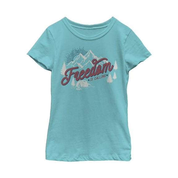 Girl's Lost Gods Fourth of July  Freedom is Calling  Graphic Tee Tahiti Blue X Small