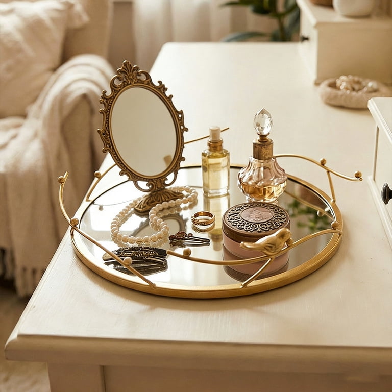 perfume tray for dresser gold Afoxsos Gold Dresser Ornate Tray Metal Decorative Jewelry Perfume Organizer for Vanity, Dresser, Bathroom, Bedroom