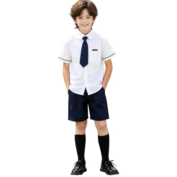 hoksml Boys Trim Cuff Short Sleeve Shirt and Shorts Set with Tie, Back to School Outfit for Kids, 5PCS, Stretchy Comfort Fit