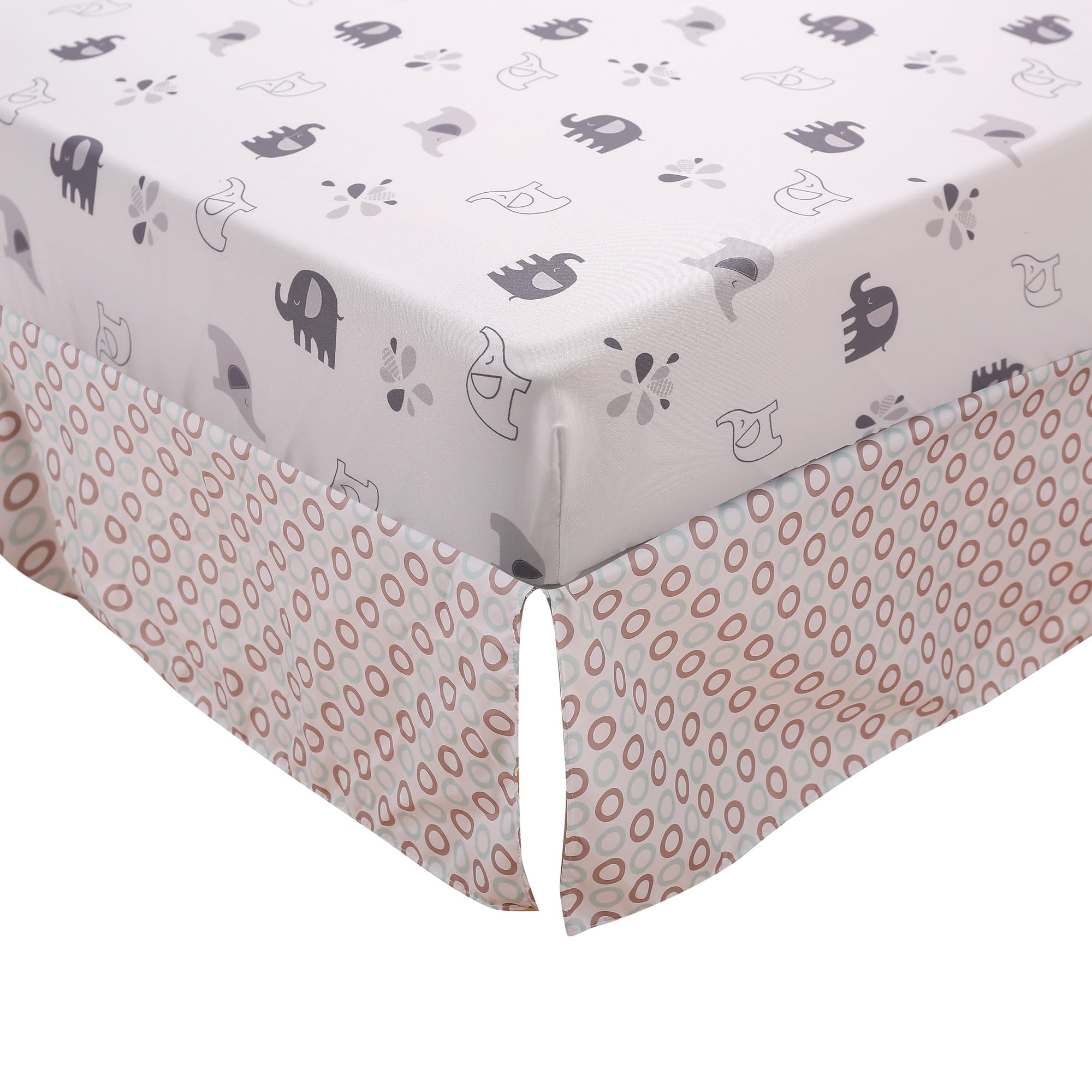 Sweet Baba Jungle Elephant Crib Bedding Sets for Baby Boys,4 PC Cot Bedding Set Including 1 Crib Skirt, 1 Quilt, 2 Crib Sheet,Grey/White Crib Set,Unisex Nursey Bedding and Neutral Decoration