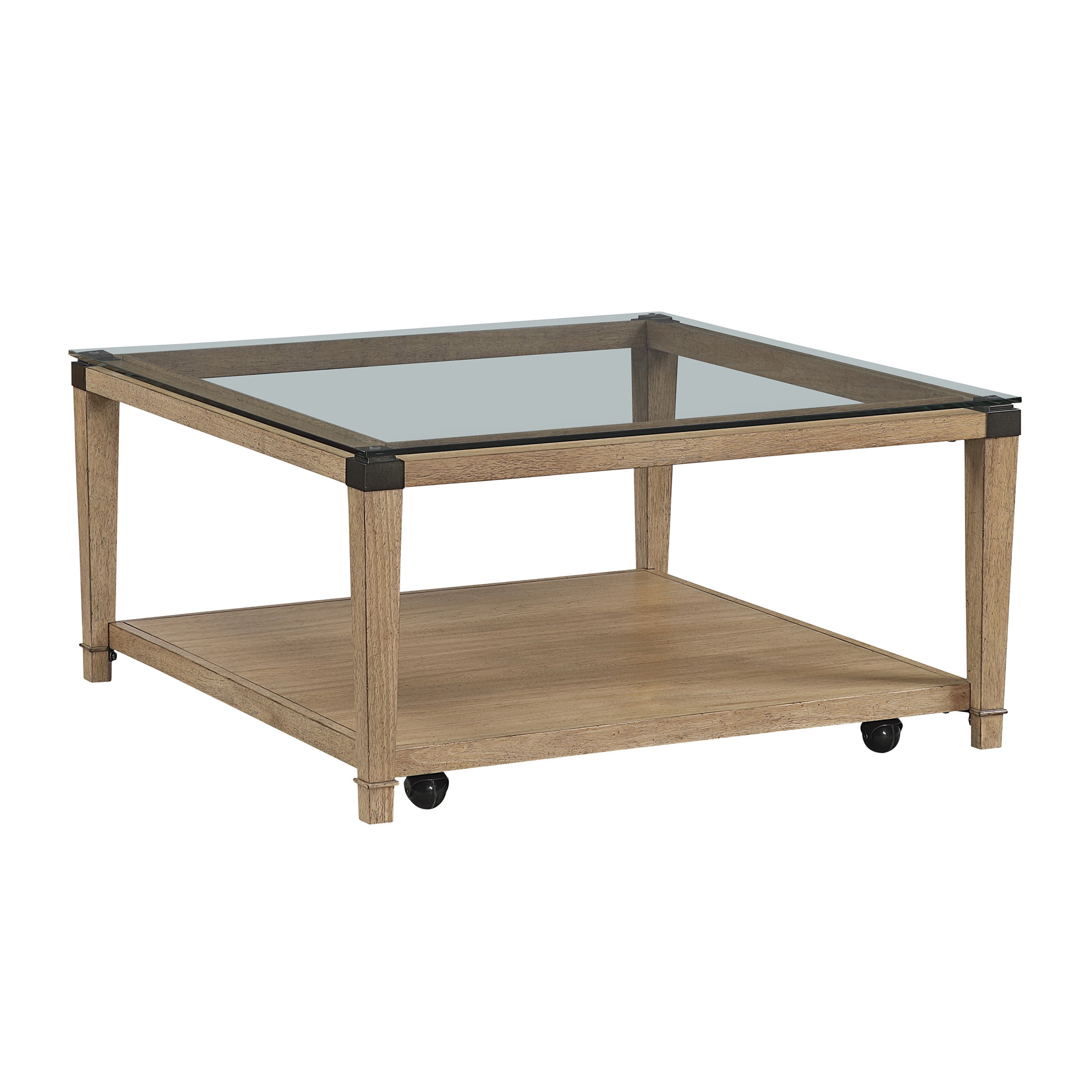 OakvillePark Velor Wood Coffee Table with Tempered Glass Top, Open Shelf, Casters, Brown