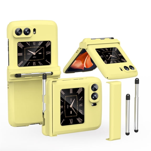 SaniMore for Motorola Moto Razr 6.7" 2022 Exquisite Macaron Folding Case, Rugged PC Cover with Pen Tray Hinge [Gift Telescopic Stylus] Shockproof Protective Shell for Motorola RAZR 5G, Yellow