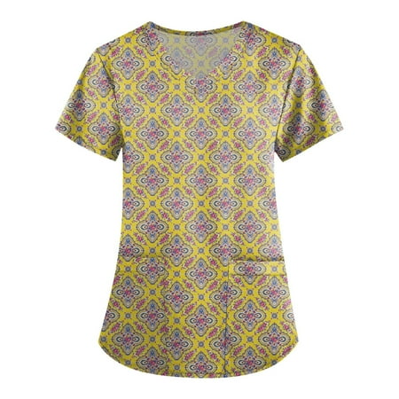 

Yubatuo Women Scrubs Top with Pockets V-Neck Short Sleeve Butterfly Print Work Blouse for Women Yellow S