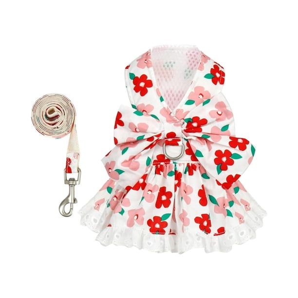 Lindo Vestido Floral para Perro con Correa para Perros Pequeños y Gatos Conjunto de Verano con Lazo para Cachorros Ropa de Encaje para Perros Hembra