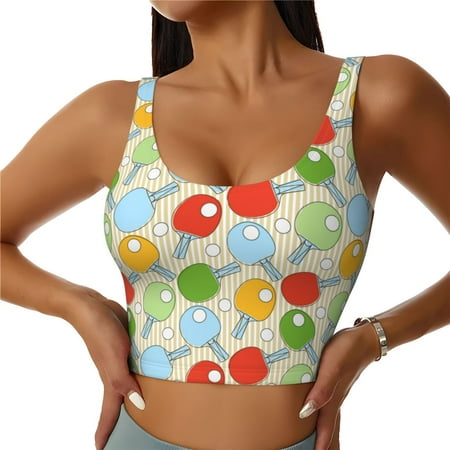 Cauagu Colorful Ping Pong Rackets1 Pattern Sports Bras for Women Round Neck Sports Bra Workout Crop Tank Tops Padded with Built in Shelf-Small