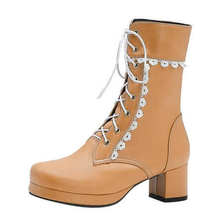 

EQWLJWE 2022 Booties for Women s Fashion Lace Leather Boots Square Head Thick Heel Strap Casual Booties Deals Discount Clearance
