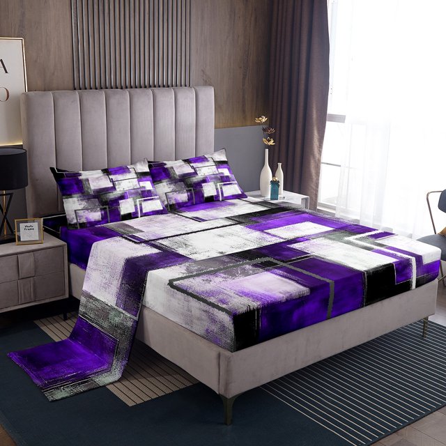 Erosebridal Geometric Sheet Set Queen, Purple Watercolor Bedding Sets Queen Size, Abstract Stripe Decor