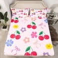 thumbnail image 2 of Feelyou Cartoon Cherry Fruit Queen Sheet Sets for Kids, Kawaii Pink Flower Flat Sheet, Princess Cute Ribbon Queen Fitted Sheet, Super Cozy Room Decor, 4 Pieces, 2 of 7
