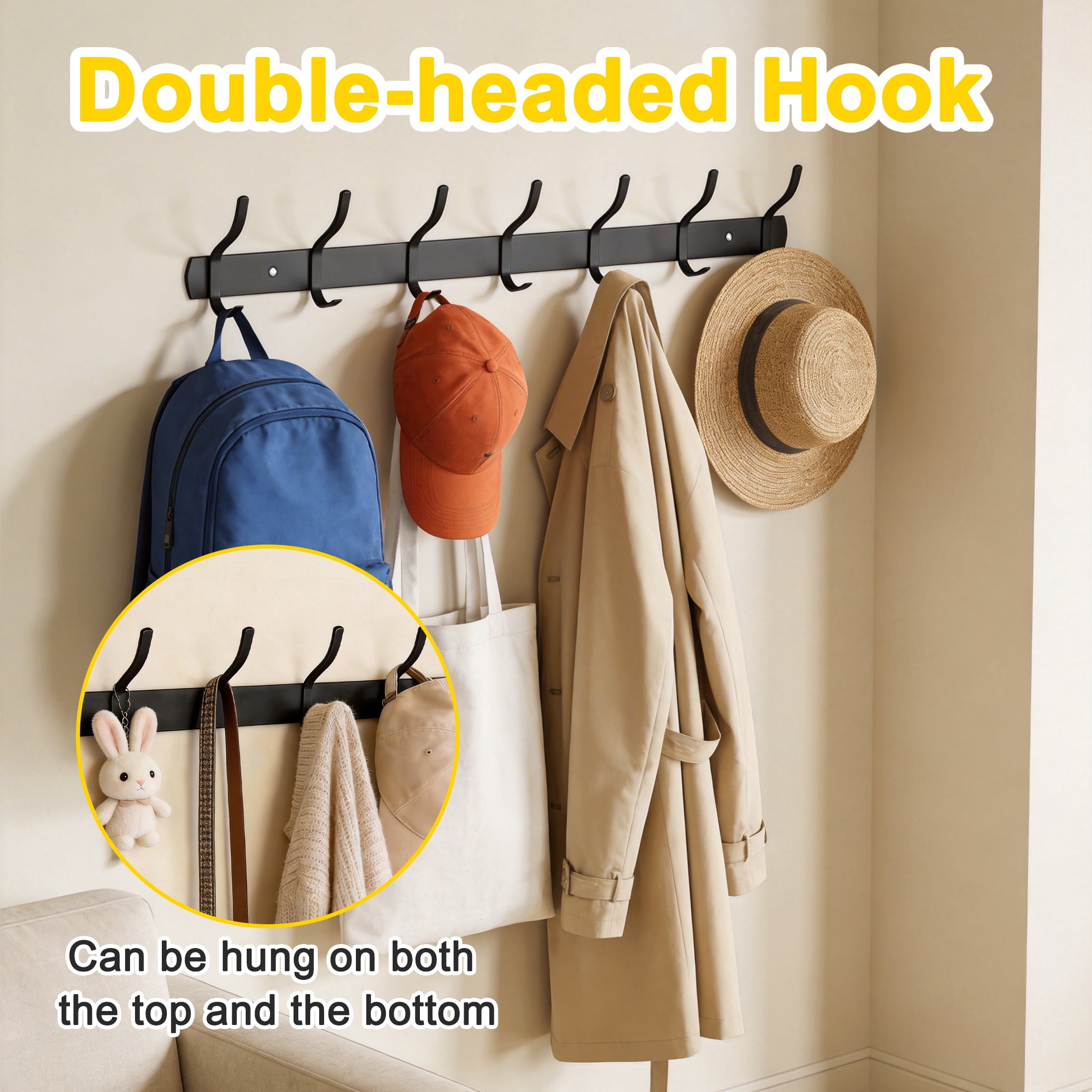 Coat Hooks with 7 Hooks, Double-headed Wall Hook Rack, Heavy Duty Coat Hanger Wall Mount for Entryway and Bedroom Bathroom