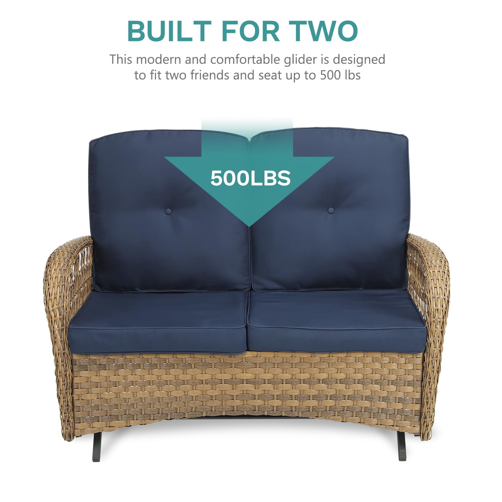 MEETWARM 7 Pieces Outdoor Patio Rattan Furniture Sets, All Weather Patio Wicker Conversation Set- 2 Rocking Chairs, 2 Swivel Chairs, 1 Loveseat Glider w/Cushions, 2 Glass-Top Coffee Table, Navy Blue